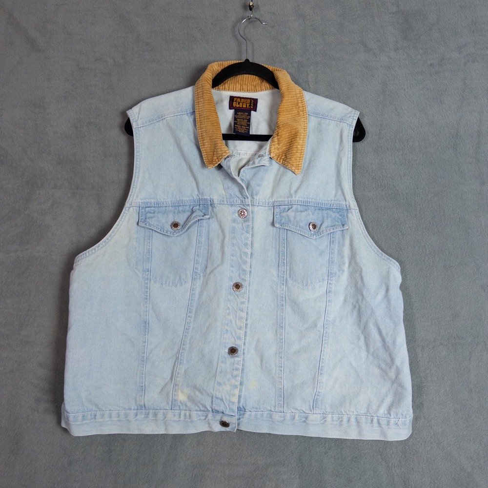 Faded Glory Denim Vest Women 24W Light Blue Good Corduroy Collar Vintage 90s